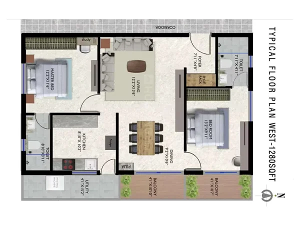 Well-designed floor plan of 2 BHK flats in hyderabad gated community