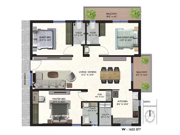 Floor planning of a 3 BHK apartment for sale in hyderabad