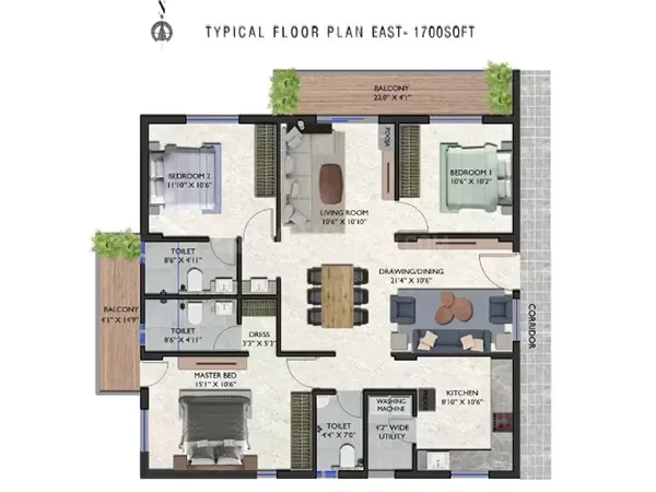 Efficiently designed layout of a 3 BHK apartment for sale in Hyderabad gated community